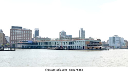 May 10, 2017, Pier 57, The Hudson River, Manhattan, New York City.  This is Pier 57 which is being made into a food court by Anthony Bourdain.  Google will be an anchor tenant on the pier. 
