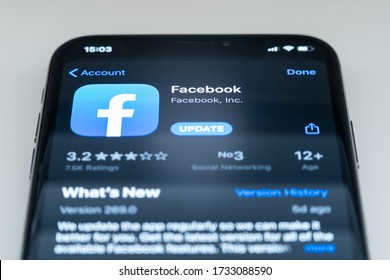 May 12, 2020, Kiev, Ukraine. Facebook Application In App Store On The Screen Of Apple IPhone X Smartphone Where You Can Download And Update The Mobile App. High Resolution Illustrative Editorial