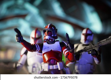 MAY 13 2020: Scene On Coruscant With Clone  Commander Fox And Coruscant Guard Of Clone Troopers - Hasbro Action Figures
 