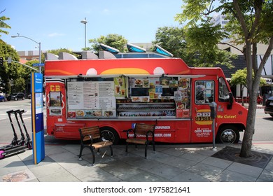 May 14, 2021 Santa Monica California, USA:  Food Trucks. Food Trucks Parked On The Street In Santa Monica California. Editorial Use.