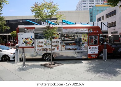 May 14, 2021 Santa Monica California, USA:  Food Trucks. Food Trucks Parked On The Street In Santa Monica California. Editorial Use.