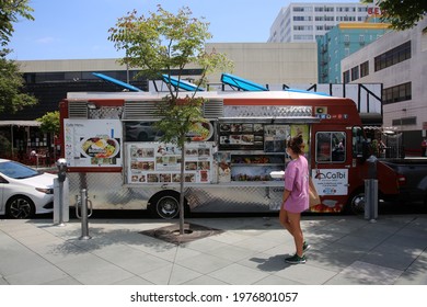 May 14, 2021 Santa Monica California, USA:  Food Trucks. Food Trucks Parked On The Street In Santa Monica California. Editorial Use.