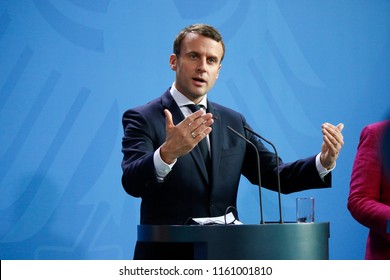 MAY 15, 2017 - BERLIN: the newly elected French President Emmanuel Macron at a press conference after a meeting with the German Chancellor in the Chanclery in Berlin.