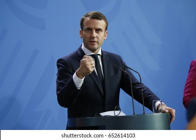 MAY 15, 2017 - BERLIN: the newly elected French President Emmanuel Macron at a press conference after a meeting with the German Chancellor in the Chanclery in Berlin.