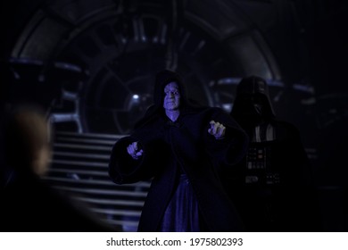 MAY 17 2021: Scene From Star Wars Return Of The Jedi, Sith Emperor Palpatine Confronts Luke Skywalker, Vader Watches - Hasbro Action Figures
