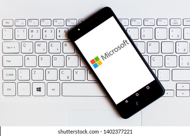 May 19, 2019, Brazil. In this photo illustration the Microsoft Corporation logo is displayed on a smartphone.
