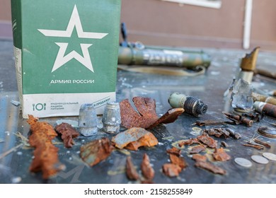 May 19, 2022, Ukraine, Kyiv Region, The City Of Irpen. Dry Ration Of The Russian Occupant Army And Fragments Of Shells And Weapons That The Soldiers Used In The Attack On Ukraine. 