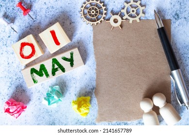 May 1st. Image Of May 1 Wooden Calendar On The Table. Spring Day, Empty Space For Text. International Workers' Day. Happy May Day Vintage Wood Calendar