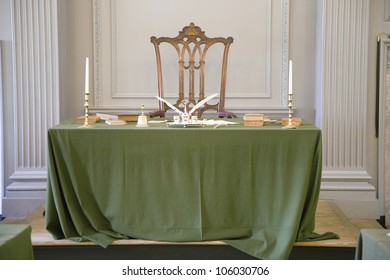 MAY 2007 - Restored Assembly Room With Rising Sun Chair Of George Washington, Independence Hall, Philadelphia, Pennsylvania, One Of The Meeting Places Of The Second Continental Congress,.