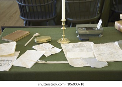 MAY 2007 - Restored Assembly Room Displaying 18th Century Papers In Independence Hall, Philadelphia, Pennsylvania, One Of The Meeting Places Of The Second Continental Congress.