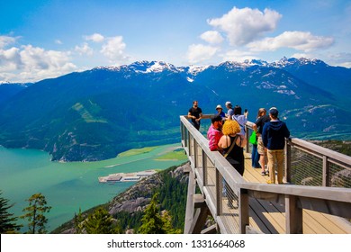 May 2016, People visited the Sea to Sky Gondola and took photos at the summit, Squamish, BC, Canada.