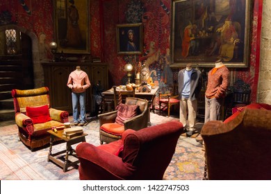 May 2019.The beautiful Gryffindor common room from the Harry Potter films at Warner Bros. Studio Tour London – The Making of Harry Potter (England, UK). Colorful spot in the Hogwarts Castle.