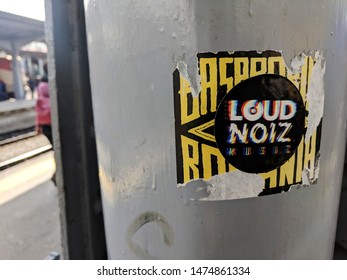 May 2019, Bucharest, Romania. Loud Noiz Music Sticker On A Metal Pole.
Drum'n'Bass Promoting Crew Based In Romania