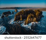 MAY 2024, OLYMPIC NATIONAL PARK, WASHINGTON STATE -  Haystacks, Seastacks rocks Olympic National Park at sunset show rock formations, Lapush, Washington - Ruby Beach