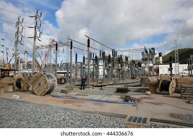 MAY 22, 2015: SRIRACHA, THAILAND. View Of New Construction Of Electrical Power Switch-gear And Power Plant In Area Of Oil Refinery Plant On Bright Blue Sky And A Sunny Day.