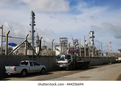 MAY 22, 2015: SRIRACHA, THAILAND. View Of New Construction Of Electrical Power Switch-gear And Power Plant In Area Of Oil Refinery Plant On Bright Blue Sky And A Sunny Day.