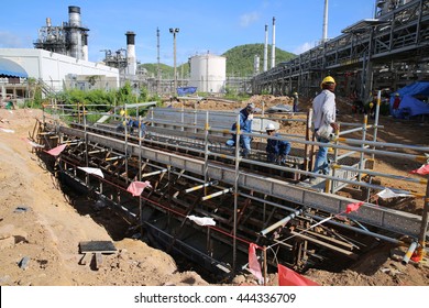 MAY 22, 2015: SRIRACHA, THAILAND. View Of New Construction Of Electrical Power Switch-gear And Power Plant In Area Of Oil Refinery Plant On Bright Blue Sky And A Sunny Day.