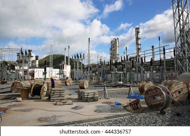 MAY 22, 2015: SRIRACHA, THAILAND. View Of New Construction Of Electrical Power Switch-gear And Power Plant In Area Of Oil Refinery Plant On Bright Blue Sky And A Sunny Day.