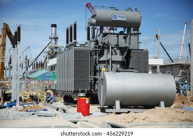 MAY 22, 2015: SRIRACHA - THAILAND. View Of New Construction Of Electrical Power Switch-gear And Power Plant In Area Of Oil Refinery Plant On Bright Blue Sky And A Sunny Day.