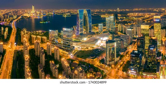 May 22, 2020:City Night View Of Suzhou Industrial Park CBD, Jiangsu Province, China