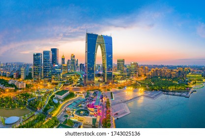 May 22, 2020:City Night View Of Suzhou Industrial Park CBD, Jiangsu Province, China