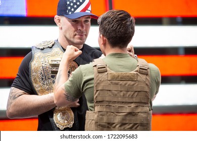 MAY 24 2019-NEW YORK: American Mixed Martial Artist Champion Colby Covington In A Staring Contest With A U.S. Marine At The Armed Forces Recruiting Station In Times Square, Fleet Week On May 24, 2019.