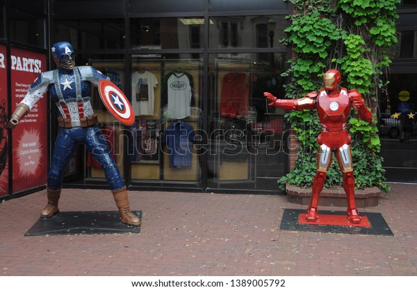 May 28, 2016,\
Captain America and Iron Man statues outside the Louisville\
Sluggers Factory and Museum promoting Captain America: Civil War\
Marvel Cinematic Universe movie\

