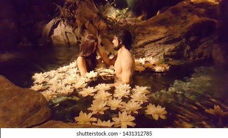 May, 29, 2016, Petersburg, KY, The Creation Museum, Adam And Eve Bathing Together In The Garden Of Eden On Display