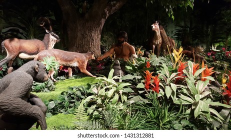 May, 29, 2016, Petersburg, KY, The, Creation, Museum, Adam In The Garden Of Eden Surrounded By Animals, On Display