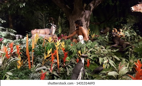 May, 29, 2016, Petersburg, KY, The, Creation, Museum, Adam In The Garden Of Eden Surrounded By Animals, On Display