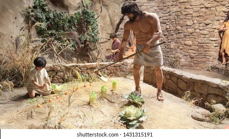 May, 29, 2016, Petersburg, KY, The, Creation Museum Adam Farming With A Young Cain And Abel