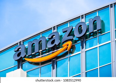 May 3, 2018 Sunnyvale / CA / USA - Amazon logo on the facade of one of their corporate office buildings located in Silicon Valley, San Francisco bay area