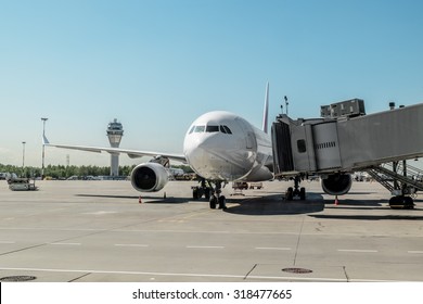 May 31, 2015.Saint Petersburg.Russia. Plane With Boarding Ramp At The Airport Pulkovo.