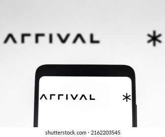 May 31, 2022, Brazil. In This Photo Illustration The Arrival Logo Seen Displayed On A Smartphone And On The Background