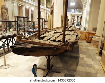 May, 4, 2019, Cairo, Egypt, Africa.
Ancient Wooden Boat In The Grand Egyptian Museum (GEM), Also Known As The Giza Museum. 
