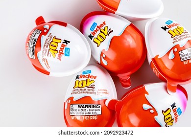 May 4, 2021. New York. Kinder Joy Milk Chocolate Eggs On White Background.