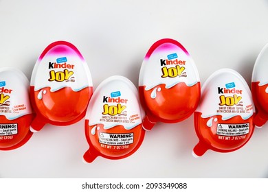 May 4, 2021. New York. Kinder Joy Chocolate Eggs With Toy Surprise Inside.