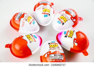 May 4, 2021. New York. Kinder Joy Plastic Egg Shaped Chocolate With Toy Surprise Inside.