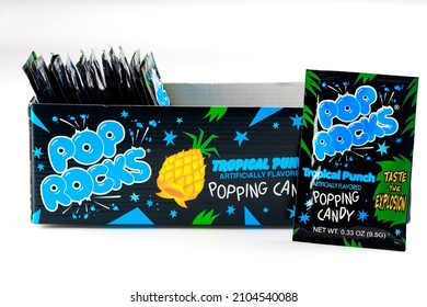 May 4, 2021. New York, US. Tropical Punch Pop Rocks Candy On White Background.