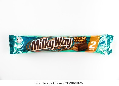 May 4, 2021. New York, US. Milky Way Milk Chocolate Bar With Salted Caramel Isolated On White Background.