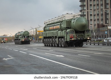 May 4, 2021, Russia, Moscow. Rehearsal of the victory parade in the Great Patriotic War. Topol M Missile ComplexHighway