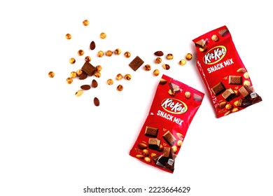 May 4, 2021. Spartanburg, SC USA. Almonds And Pretzel Balls In KitKat Chocolate Snack Mix.