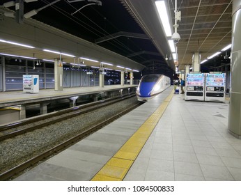 May 5, 2018 - Nagano, Japan - Shinkansen, A Bullet Train, Is Arriving At The Station While People Have Been Waiting For The Train To Take Them Back Home At Night.