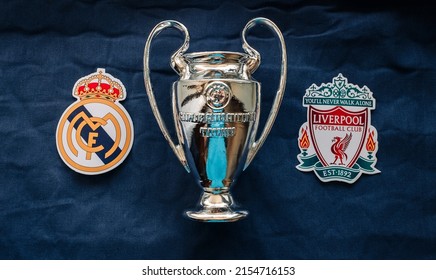 May 5, 2022, Paris, France. Emblems Of The Finalists Of The UEFA Champions League Of The 20212022 Season Liverpool F.C. And Real Madrid CF.