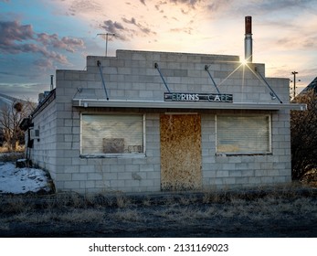 May, Idaho, USA –February 19, 2022: Cinderblock building café in the morning light 