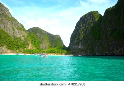 Maya Bay is famous beach in Phuket located in the Phi Phi Island in the Andaman Sea. - Shutterstock ID 478317988