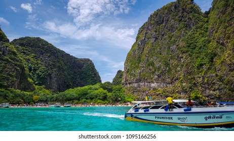 Maya beach ,Krabi Thailand. May 2018 : Tourist speedboat take traveller to Maya beach. The popular destination for travel in andaman sea. The place is like paradise very beautiful view.