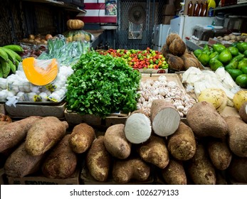 Mayaguez, Puerto Rico/USA-December 1, 2015: Fresh Vegetables At Indoor Farmers Market 