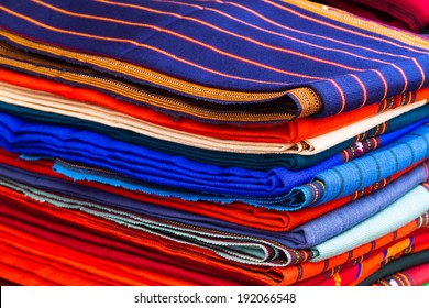 Mayan blankets textile designs on the market in Chichicastenango, Guatemala, Central America