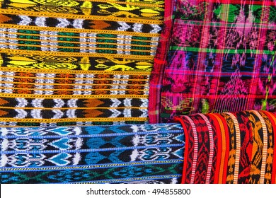 Mayan blankets textile designs on the market in Chichicastenango, Guatemala, Central America